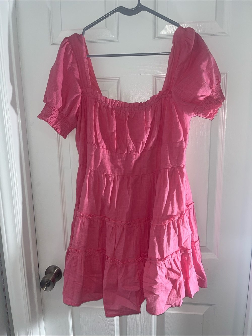 Altar'd State Pink Puff-Sleeve Tiered Mini Dress